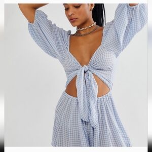 Free People Ashley Tie Front Romper Blue and White Gingham Size XS